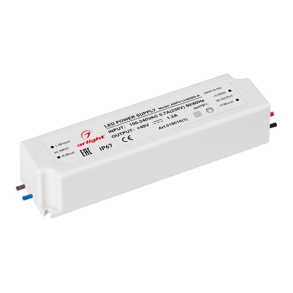 Блоки питания для светодиодной ленты Блок питания Arlight ARPV-LV48060-A (48V, 1.3A, 60W) (IP67 Пластик, ) 019010(1) 
