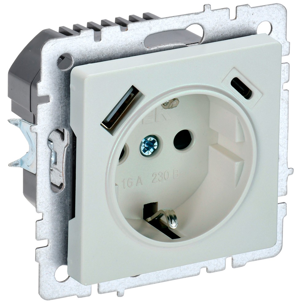IEK Brite Жемчуг Розетка IEK BRITE с с/з и шторками 16А с USB A+C 18Вт РЮш11-1-БрЖ жемчужный BR-R14-16-U22-018-K36