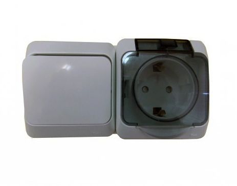 Этюд Серый Блок Этюд Розетка с/з со шторками + переключатель 1-клавишный наружный Серый IP44 BPA16-246C
