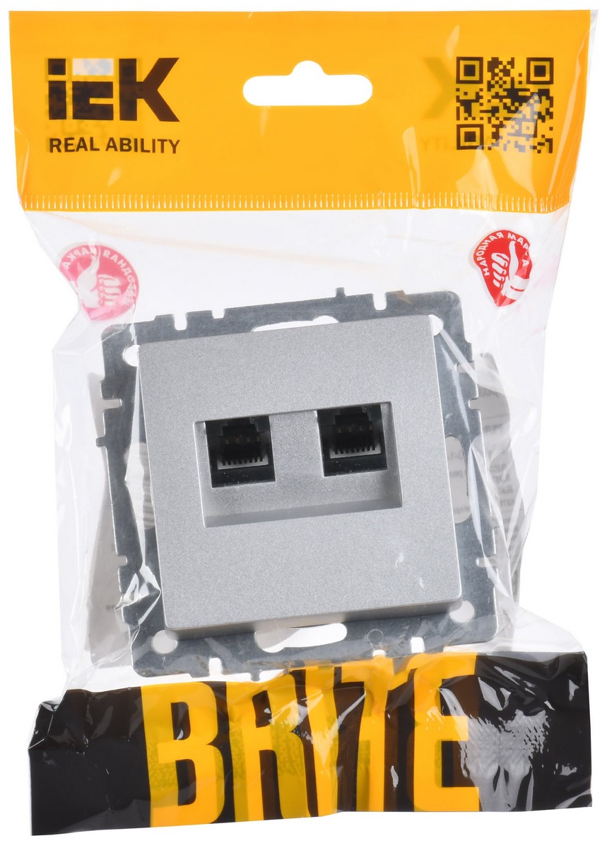 IEK Brite Алюминий Розетка IEK BRITE компьютерная двойная RJ45 кат.5E РК10-2-БрА алюминий BR-K20-1-K47