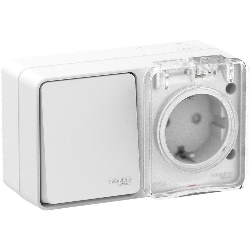 AtlasDesign Белый Блок розетка и выключатель Systeme Electric AtlasDesign Profi54 наружный Белый с/з со шт + 1-кл ATN5