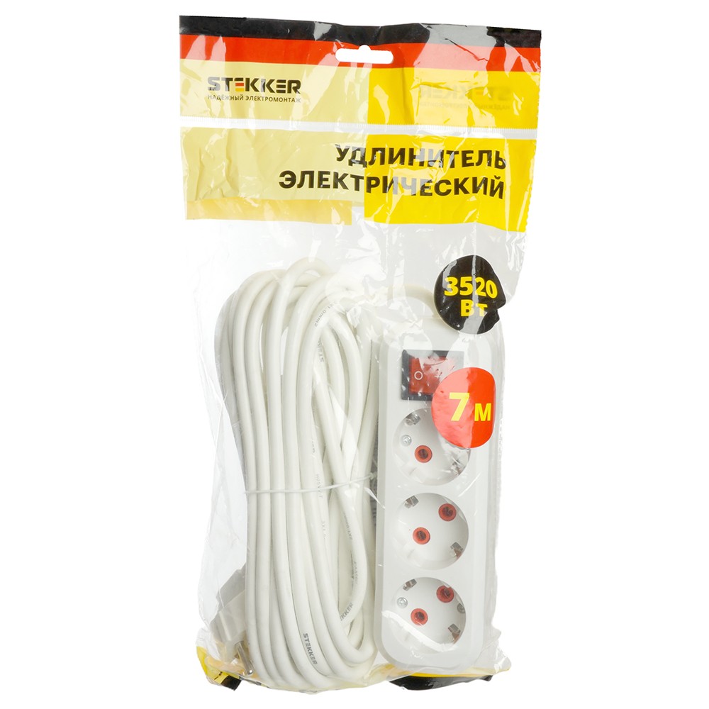 Колодки и удлинители, тройники Удлинитель STEKKER трехместный с/з с выключ. HM07-31-07 7м Home (У16А-002) белый 49356 
