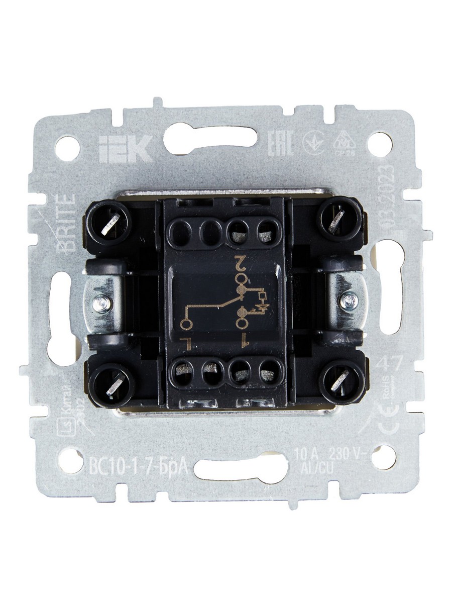 IEK Brite Алюминий Выключатель IEK BRITE BASE Алюминий 1-кл. прох. с инд. 10А ВС10-1-7-БрА BR-V12-1-10-K47