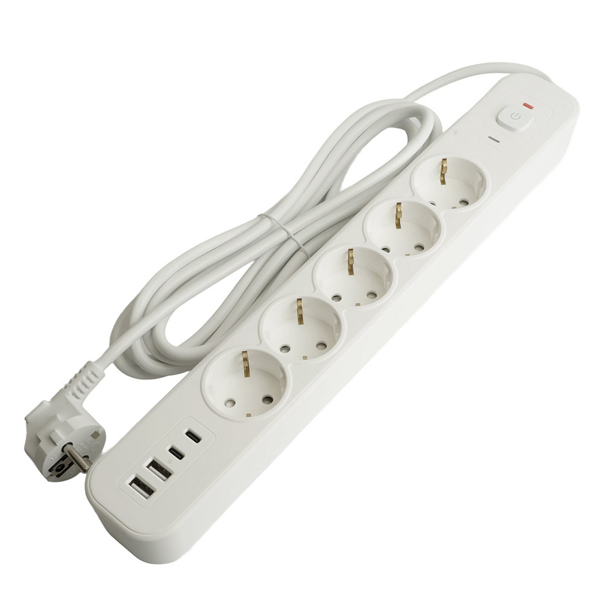 Колодки и удлинители, тройники Сетевой фильтр 5-местный с/з STEKKER 3x1мм2 5 м 250В 16А 2 USB-A+2 Type-C 3 серия Nova белый 50104 