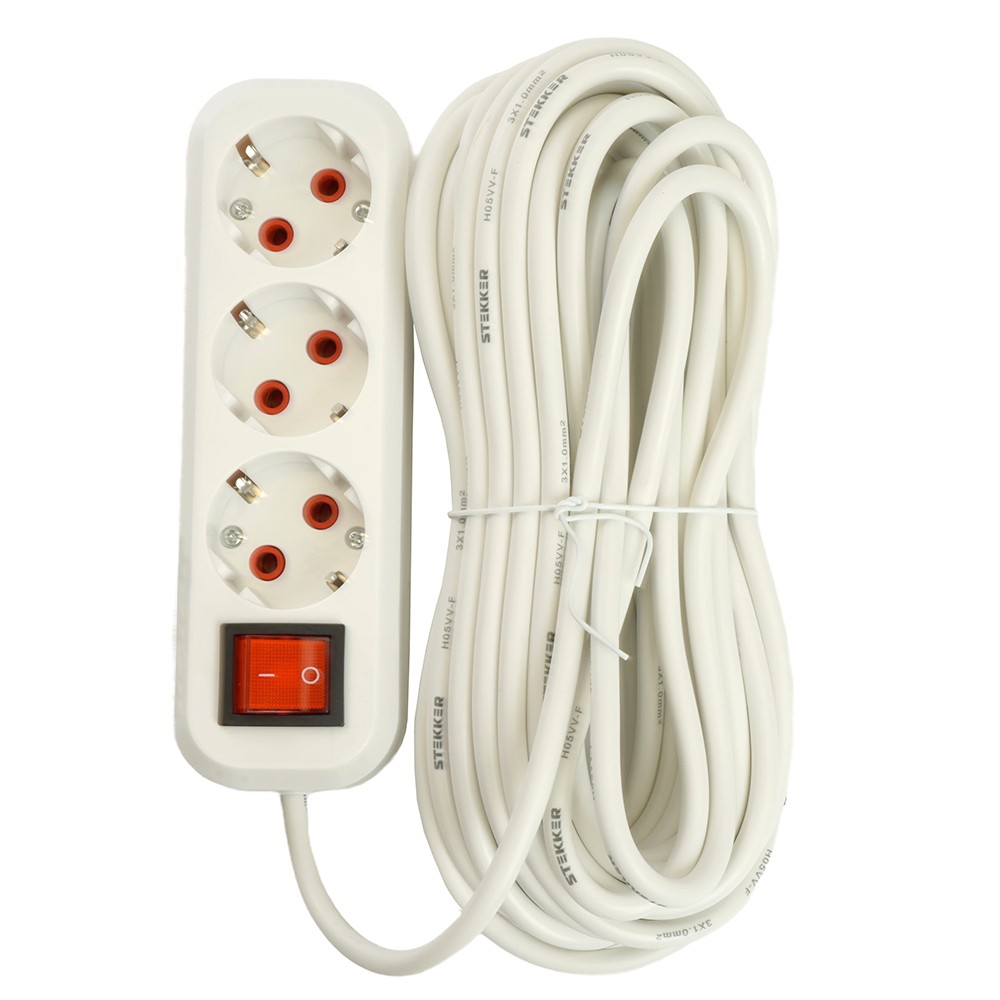 Колодки и удлинители, тройники Удлинитель STEKKER трехместный с/з с выключ. HM07-31-07 7м Home (У16А-002) белый 49356 