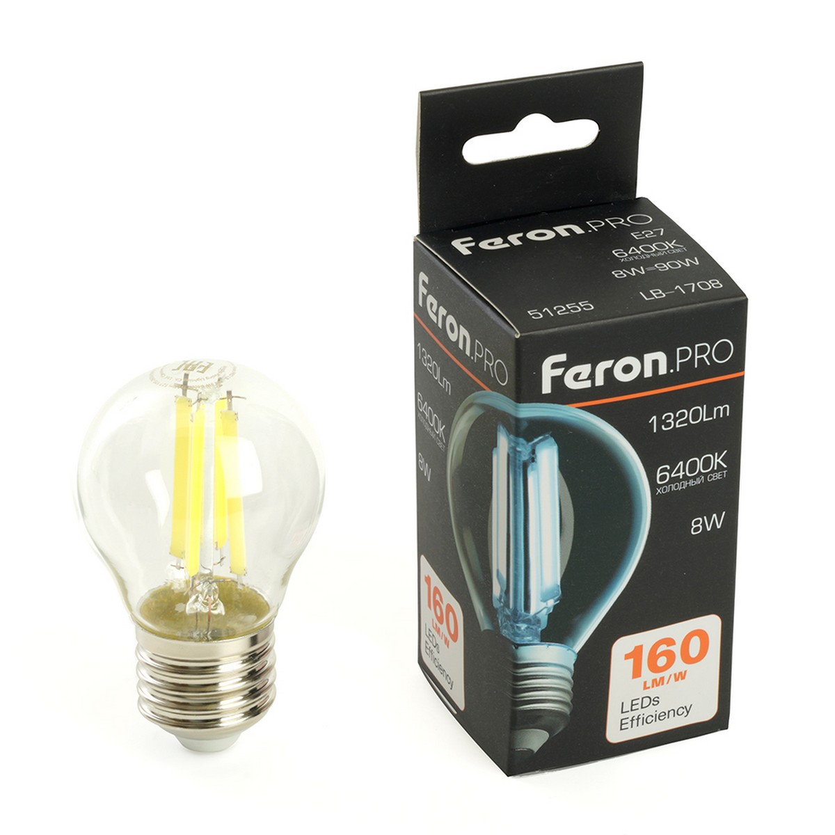 E27 Лампа светодиодная Feron.PRO LB-1708 Шарик E27 8W 175-265V 6400K 51255