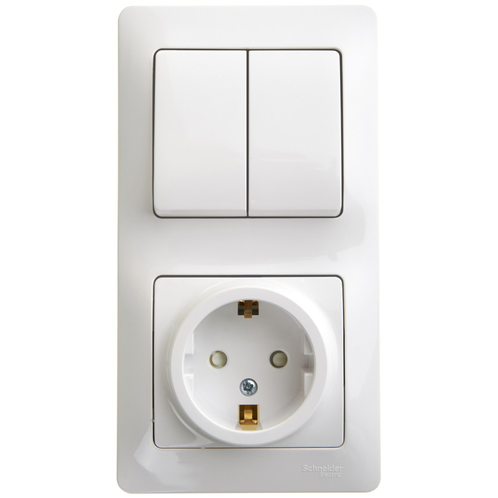 Glossa Белый Блок:Glossa Белый розетка с заземлением со шторками и 2-кл. выключатель GSL000174
