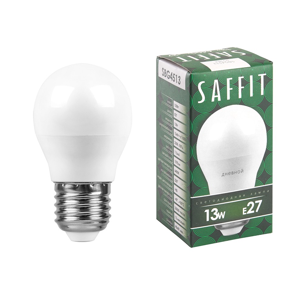 E27 Лампа светодиодная SAFFIT SBG4513 Шарик E27 13W 6400K 55162 