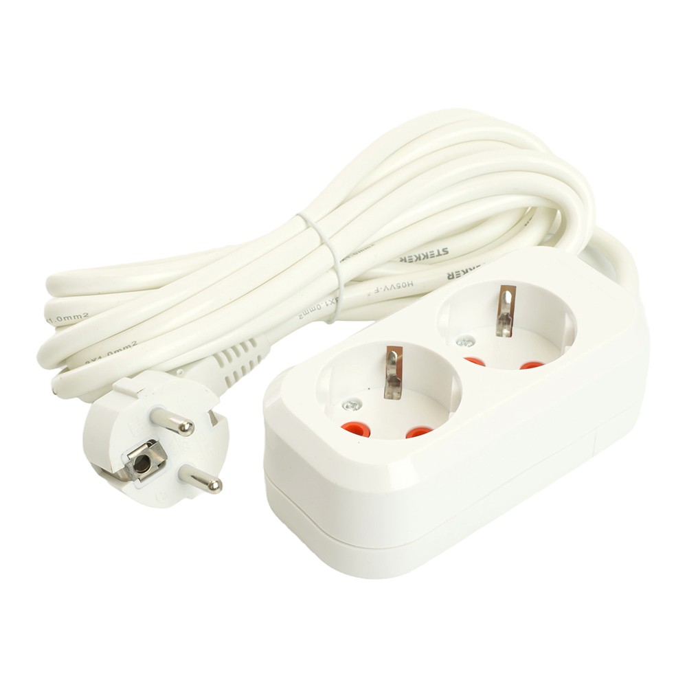 Колодки и удлинители, тройники Удлинитель STEKKER двухместный с/з HM06-21-02 2м Home (У10-001) белый 49339 