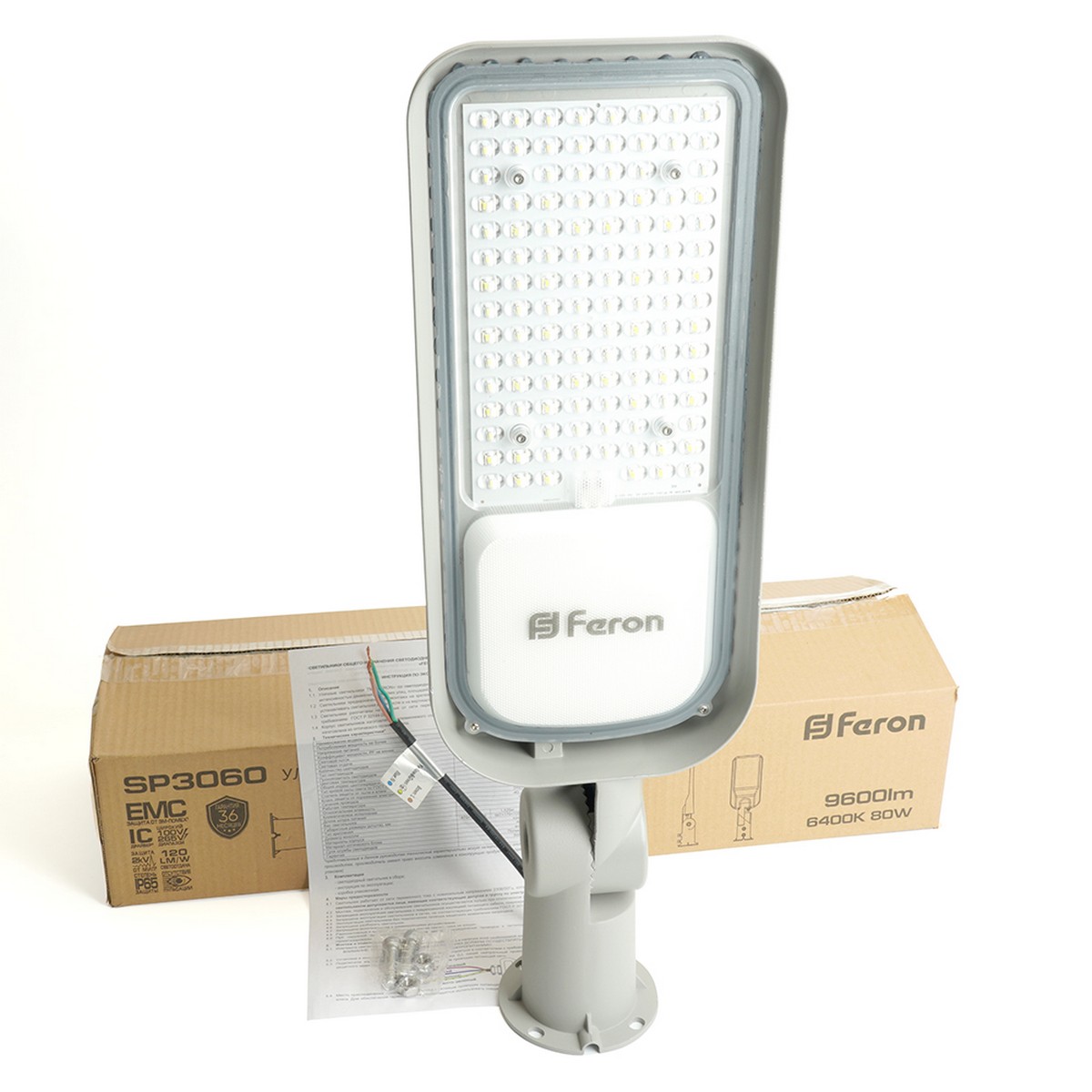 Консольные уличные светодиодные светильники на столб Светодиодный уличный консольный светильник Feron SP3060 80W 6400K 100-265V/50Hz, серый 48686 