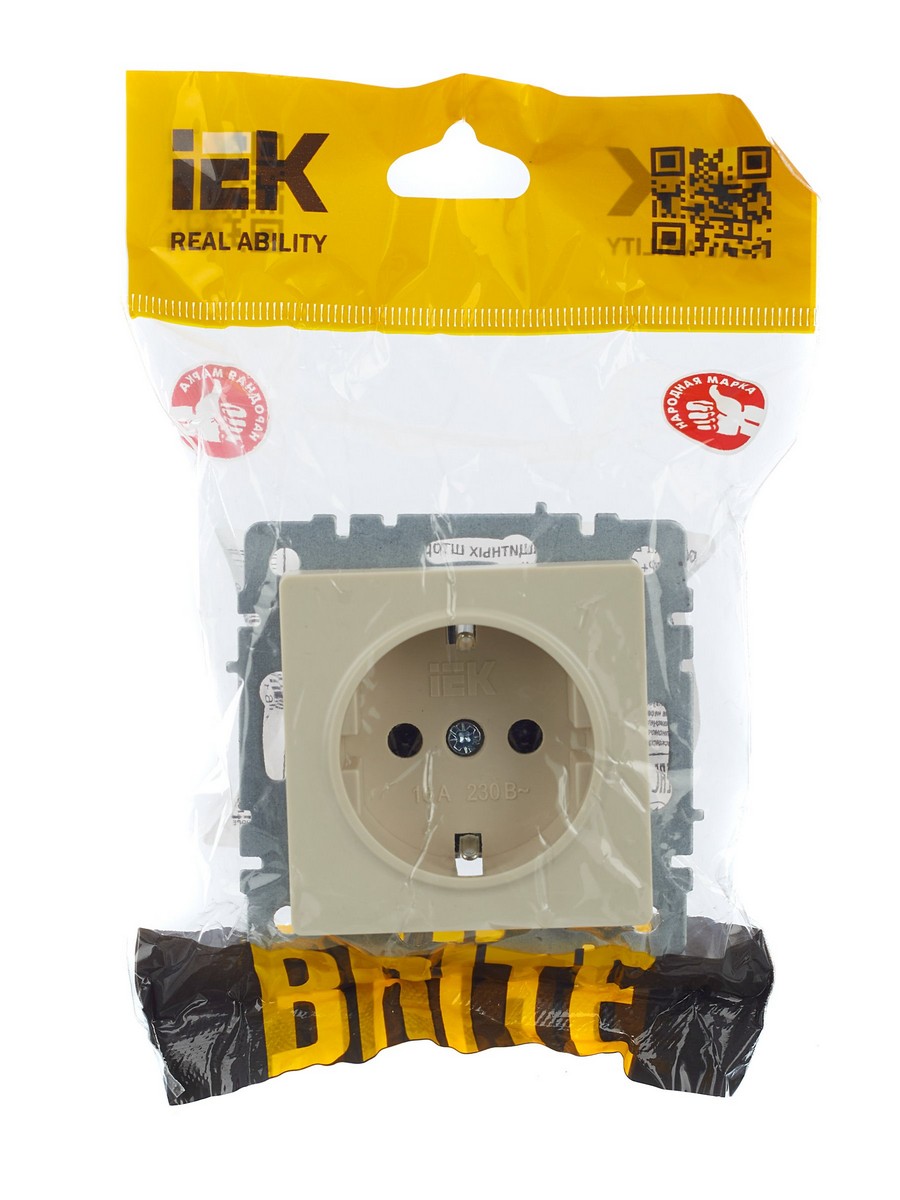 IEK Brite Бежевый Розетка IEK BRITE с/з без шторок 16А РС11-1-0-БрКр бежевый BR-R11-16-K10