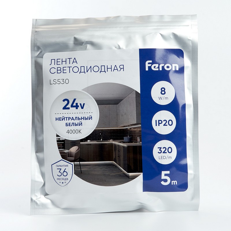 Лента светодиодная Feron LS530 COB 320SMD(2110)/м 10Вт/м 24V 4000К IP20 5 метров 48264