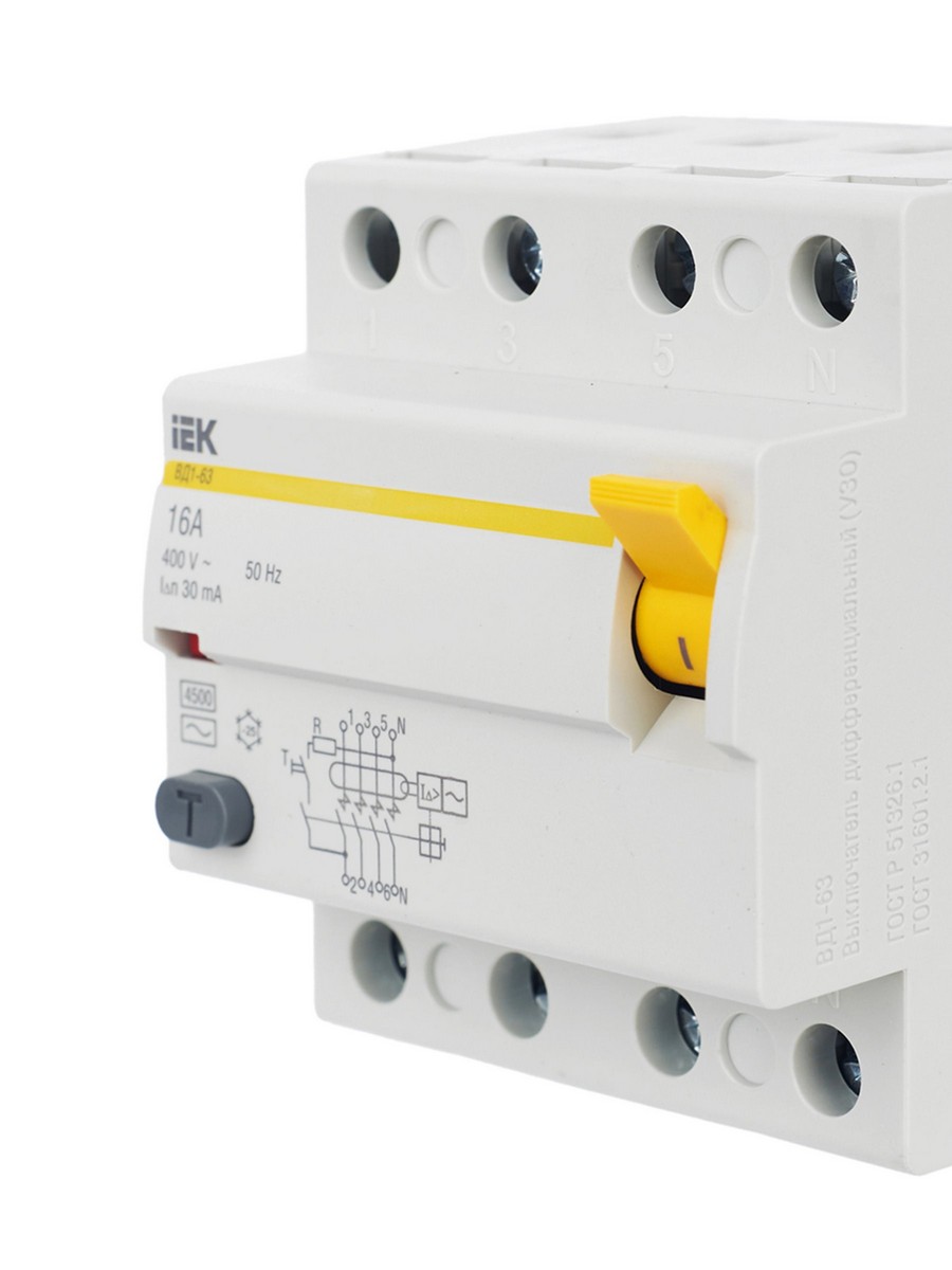 IEK Выключатель дифференциальный IEK KARAT ВД1-63 (УЗО) 4Р 16А 30мА MDV10-4-016-030 