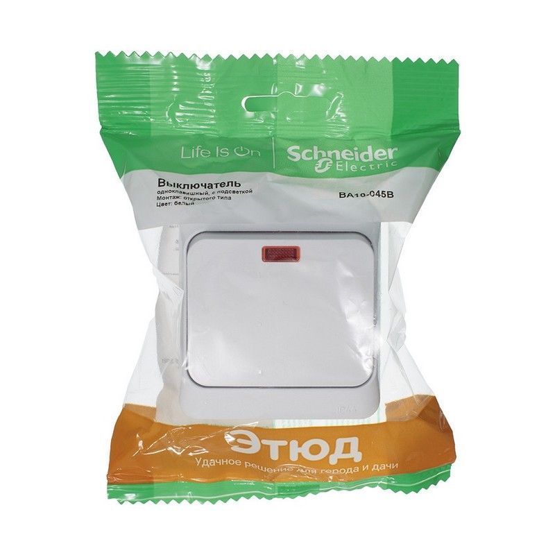 Этюд Белый Выключатель 1-клавишный Systeme Electric Этюд наружный Белый с подсветкой IP44 BA10-045B