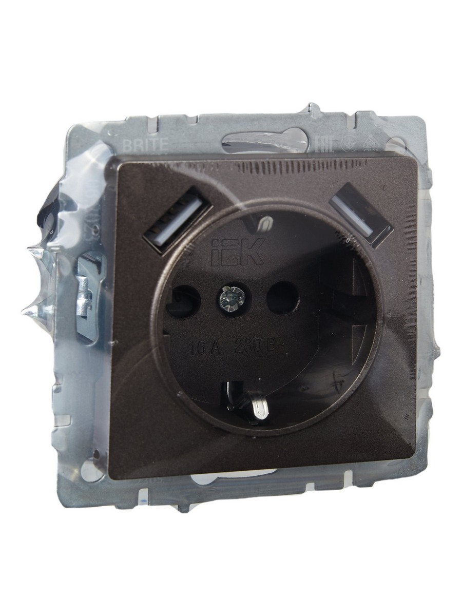 IEK Brite Бронза Розетка IEK BRITE с с/з и шторками 16А с USB A+A 3,1А РЮш10-2-БрТБ бронза BR-R14-16-U21-D31-K45