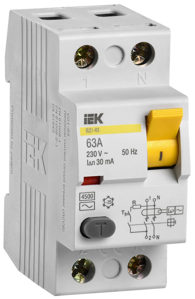 IEK Выключатель дифференциальный IEK KARAT ВД1-63 (УЗО) 2Р 63А 30мА MDV10-2-063-030 