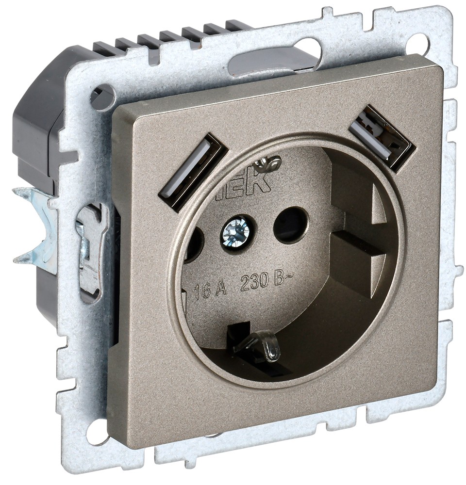 IEK Brite Шампань Розетка IEK BRITE с с/з и шторками 16А с USB A+A 2,1А РЮш10-1-БрШ шампань BR-R14-16-U21-D21-K37