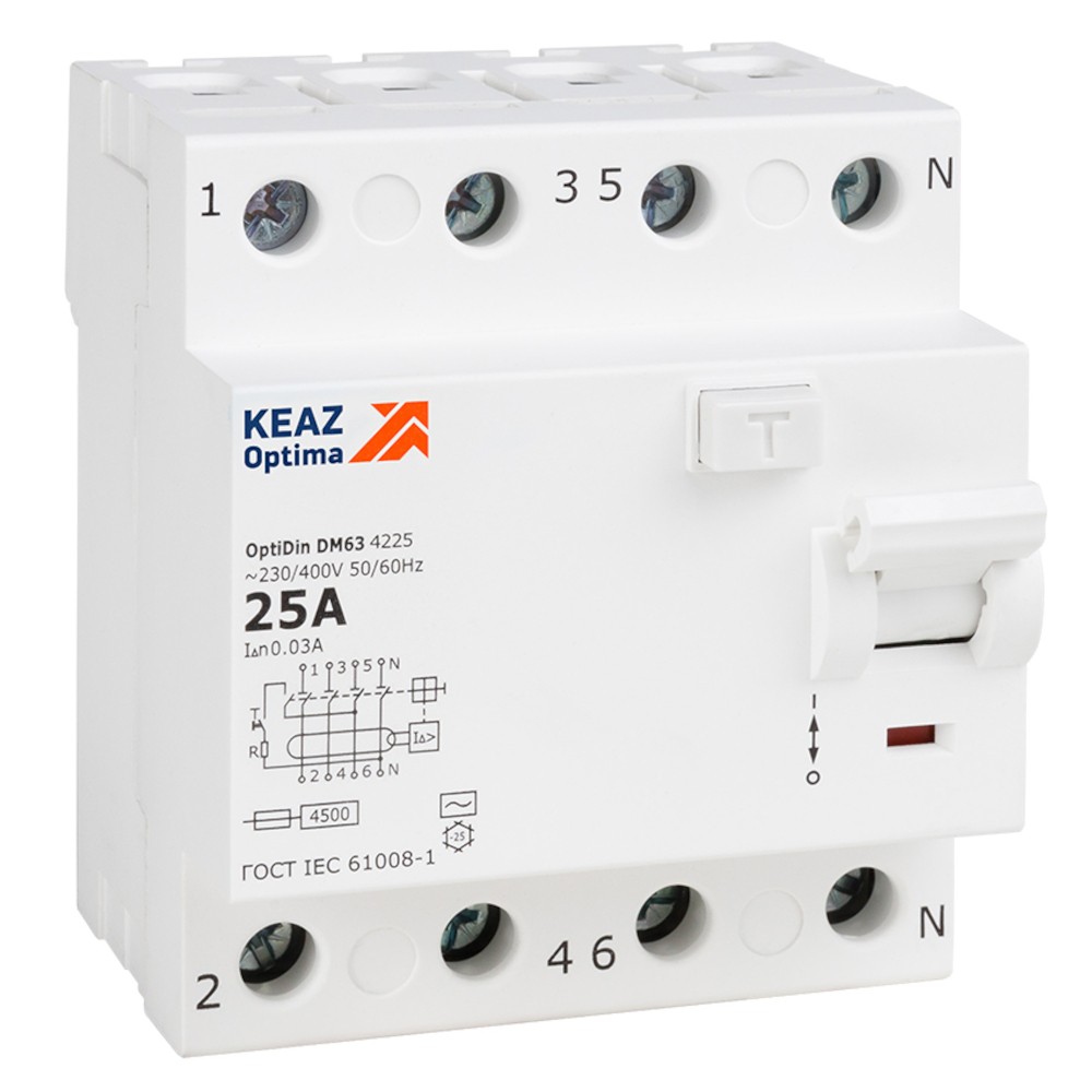 КЭАЗ УЗО КЭАЗ (ВДТ) OptiDin DM63-4225-AC-4,5-УХЛ4 (4P, 25, 30mA) 343891 