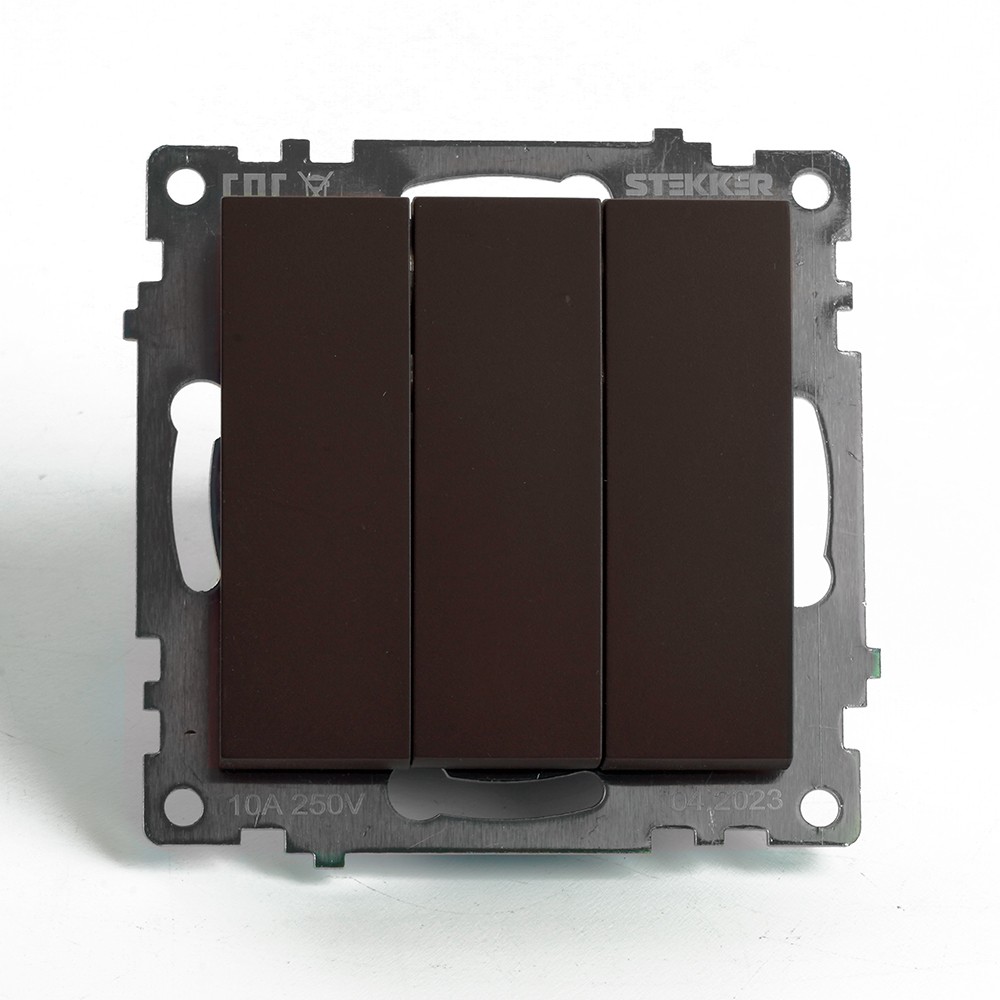 Катрин - Розетки и выключатели Stekker Выключатель 3-клавишный STEKKER GLS10-7108-04 250V 10А Катрин шоколад 49175