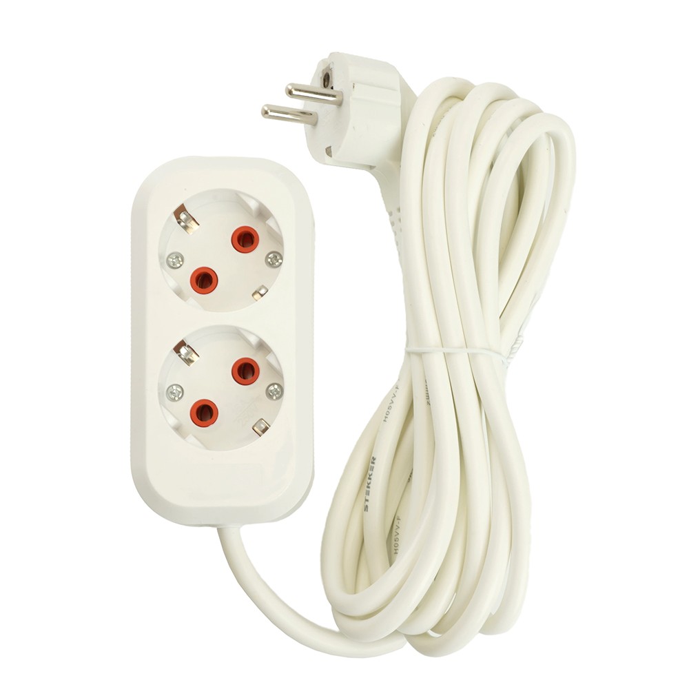 Колодки и удлинители, тройники Удлинитель STEKKER двухместный с/з HM06-21-03 3м Home (У10-001) белый 49340 