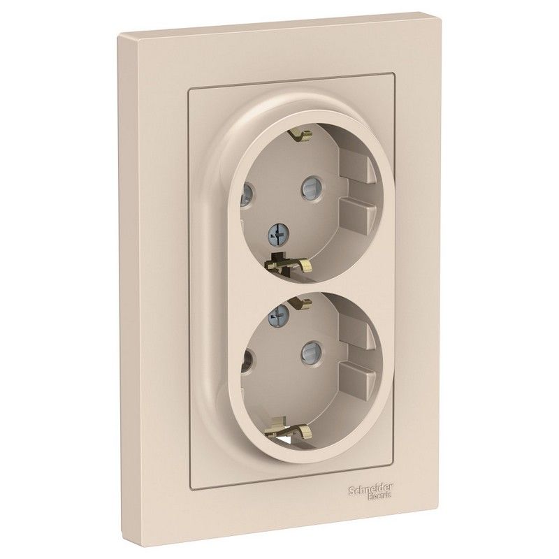 AtlasDesign Бежевый Розетка Systeme Electric AtlasDesign бежевый с/з двойная, со шторками, 16А, в сборе ATN000226