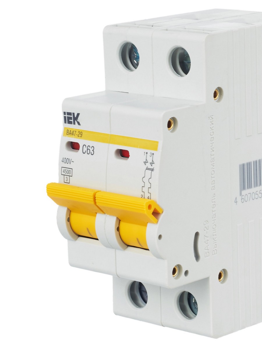 2 полюсные (двухполюсные) Автоматический выключатель IEK KARAT ВА47-29 2Р 63А 4,5кА х-ка С MVA20-2-063-C 