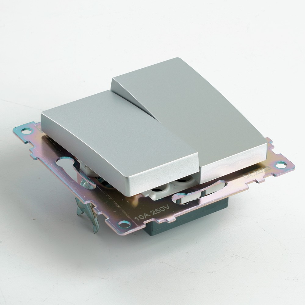 Катрин - Розетки и выключатели Stekker Переключатель 2-клавишный (механизм) STEKKER GLS10-7107-03 250V 10А Катрин серебро 49168