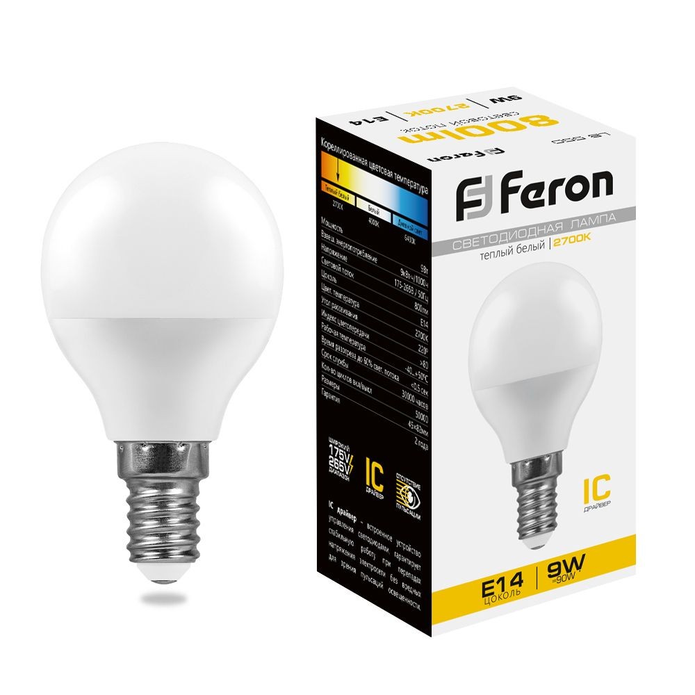 E14 Лампа светодиодная Feron LB-550 Шарик E14 9W 2700K 230V 25801 