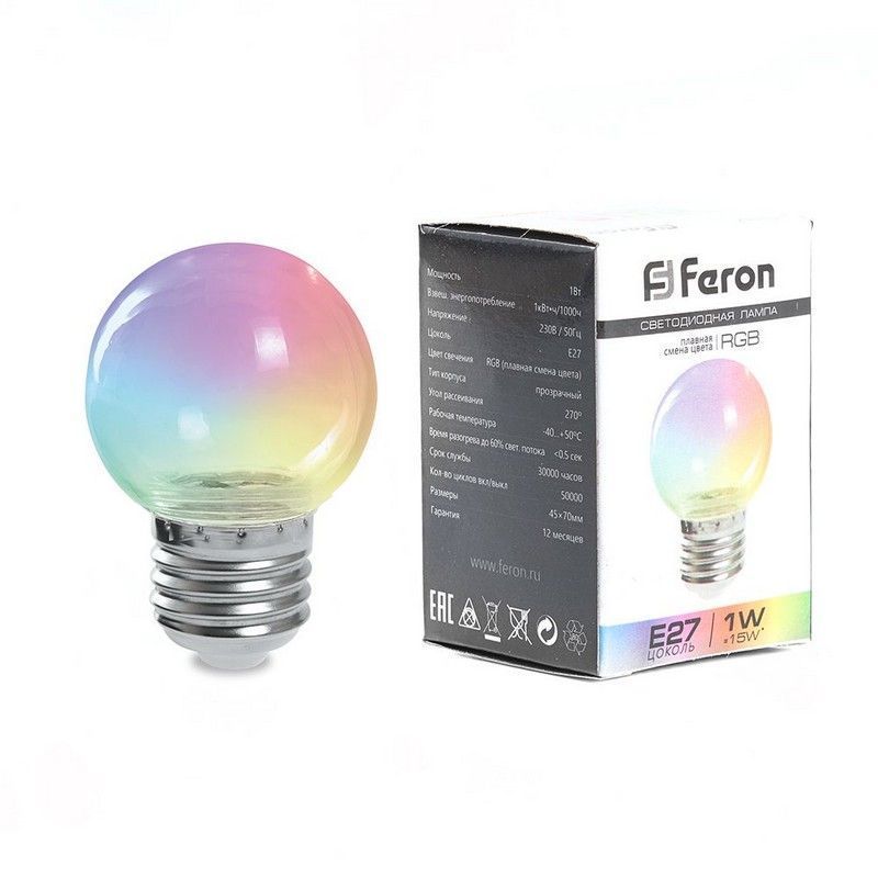 E27 Лампа светодиодная Feron LB-371 Шар прозрачный E27 3W RGB плавная смена цвета 38133 