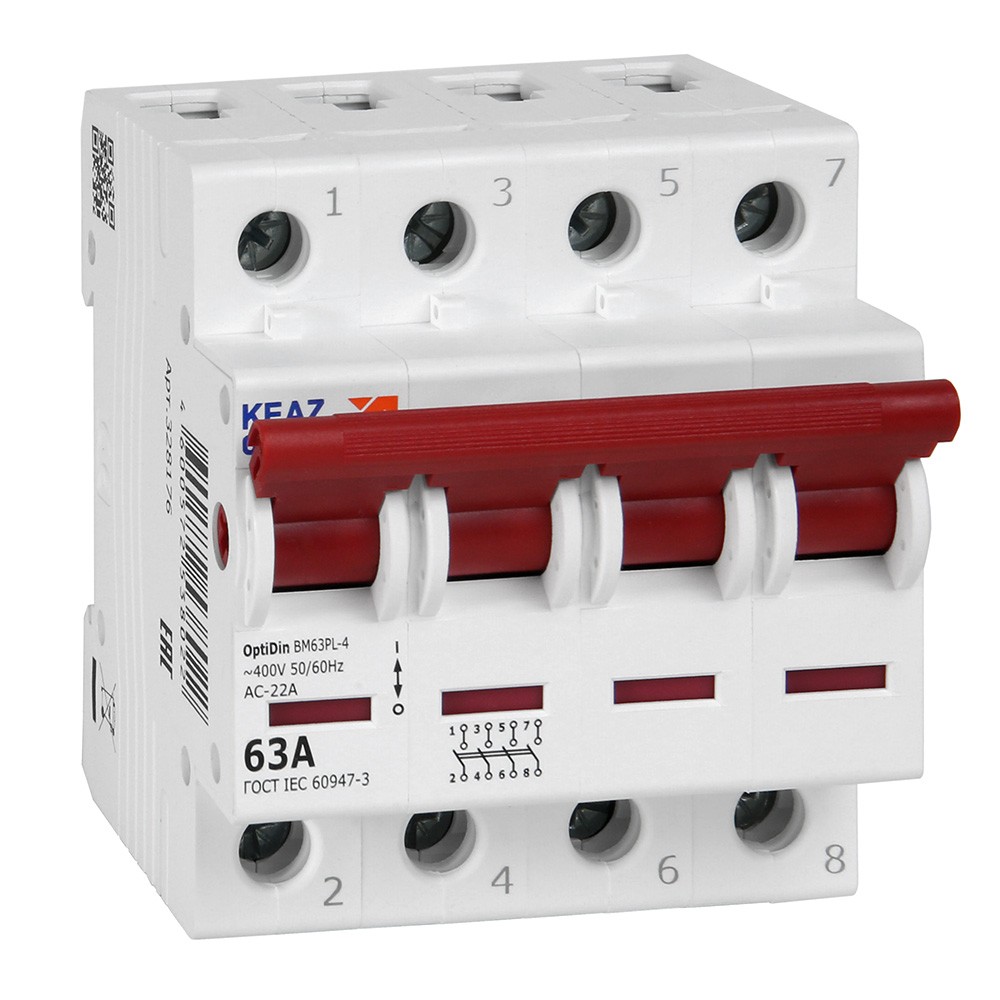 КЭАЗ Выключатель нагрузки КЭАЗ OptiDin ВМ63PL 4P 63А 400В (BM63PL-463-УХЛ3) 328176