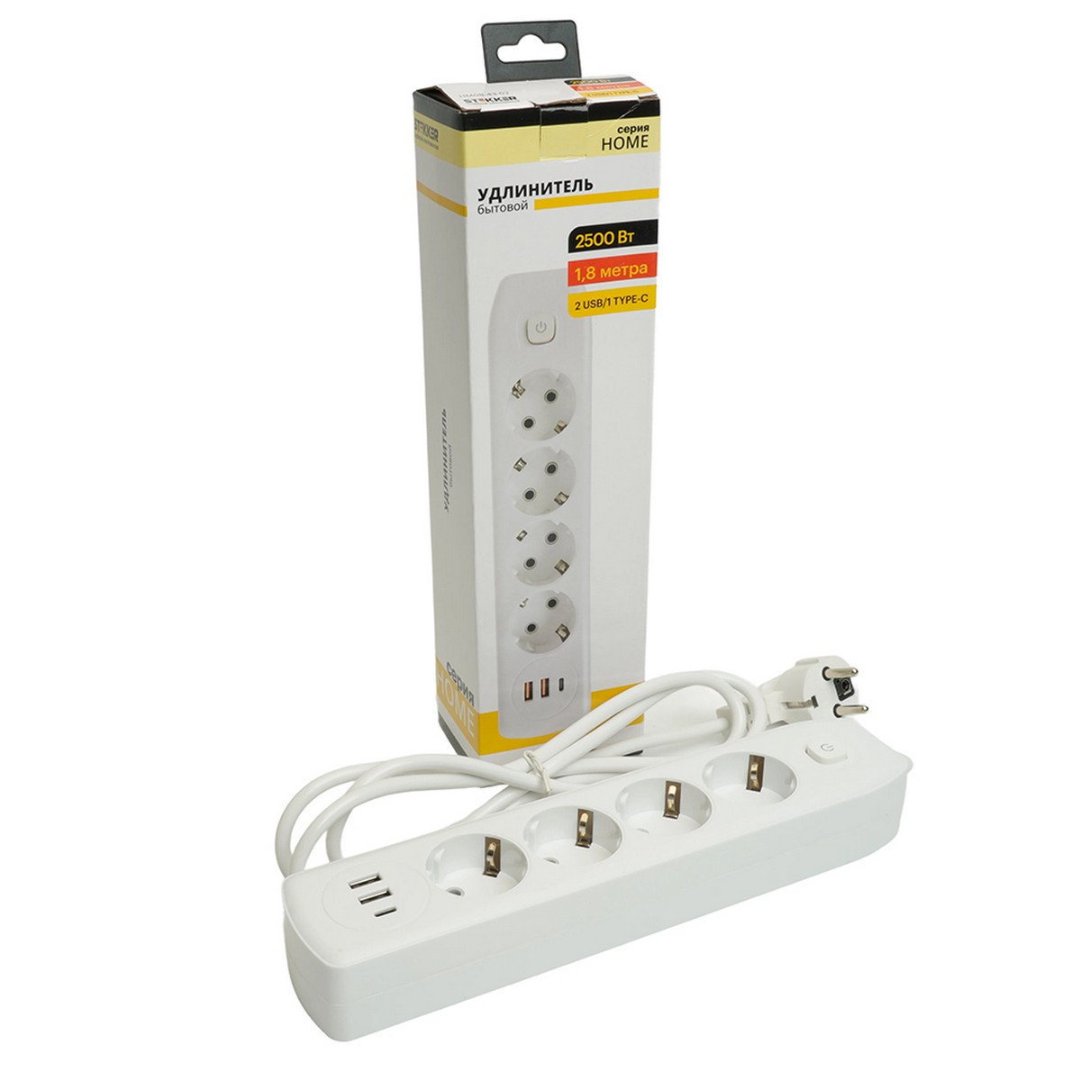 Колодки и удлинители, тройники Удлинитель STEKKER HM08-43-02 4-местный c/з 3x1 мм2 1,8 м 2USB+1Type-C 2,4А Home белый 49971 
