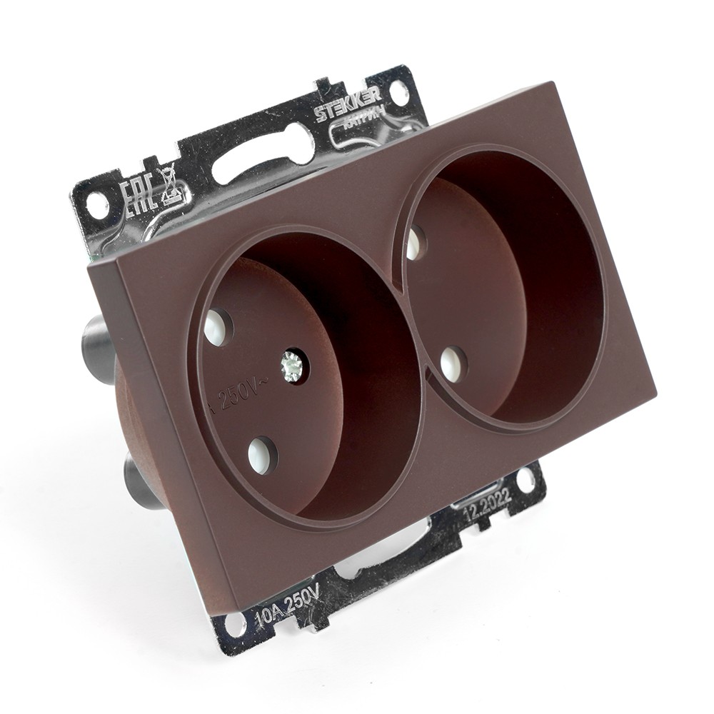 Катрин - Розетки и выключатели Stekker Розетка 2-местная б/з STEKKER GLS10-7113-04 250V 10А с защ. шторкой Катрин шоколад 49026