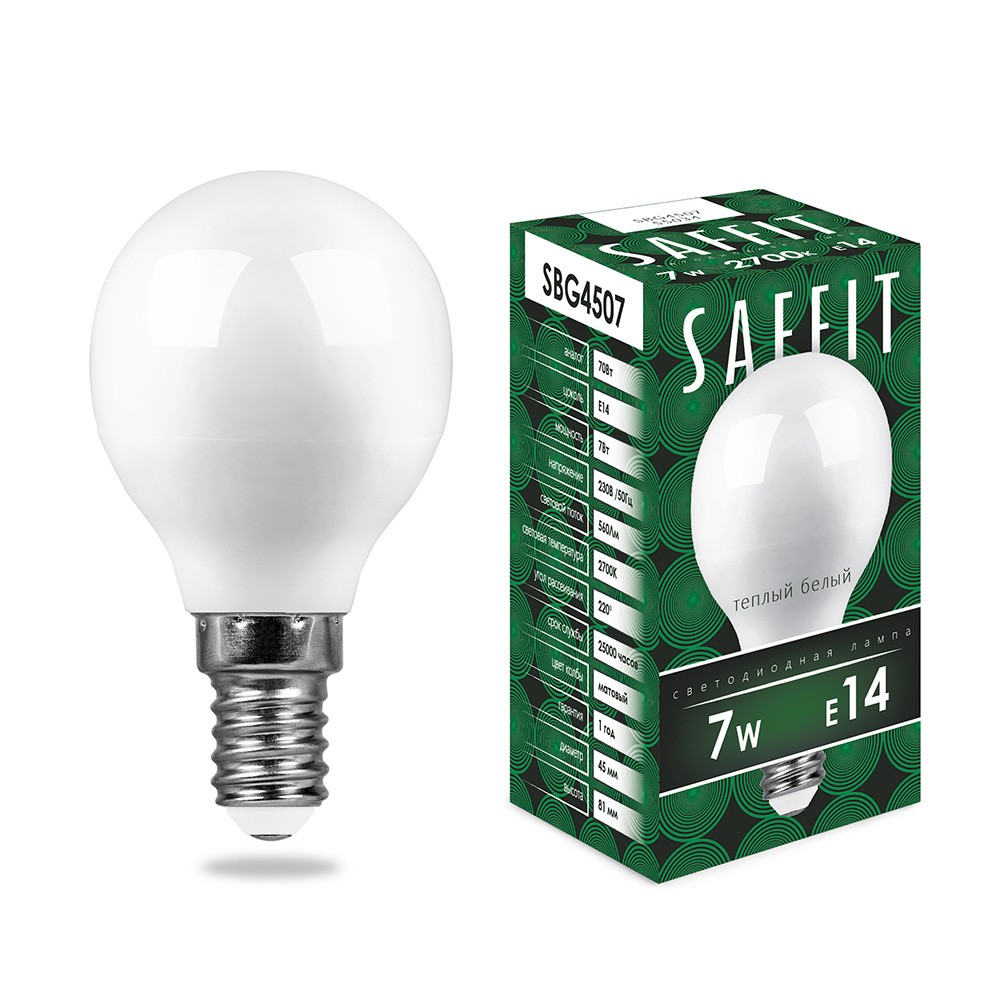 E14 Лампа светодиодная SAFFIT SBG4507 Шарик E14 7W 2700K 55034 