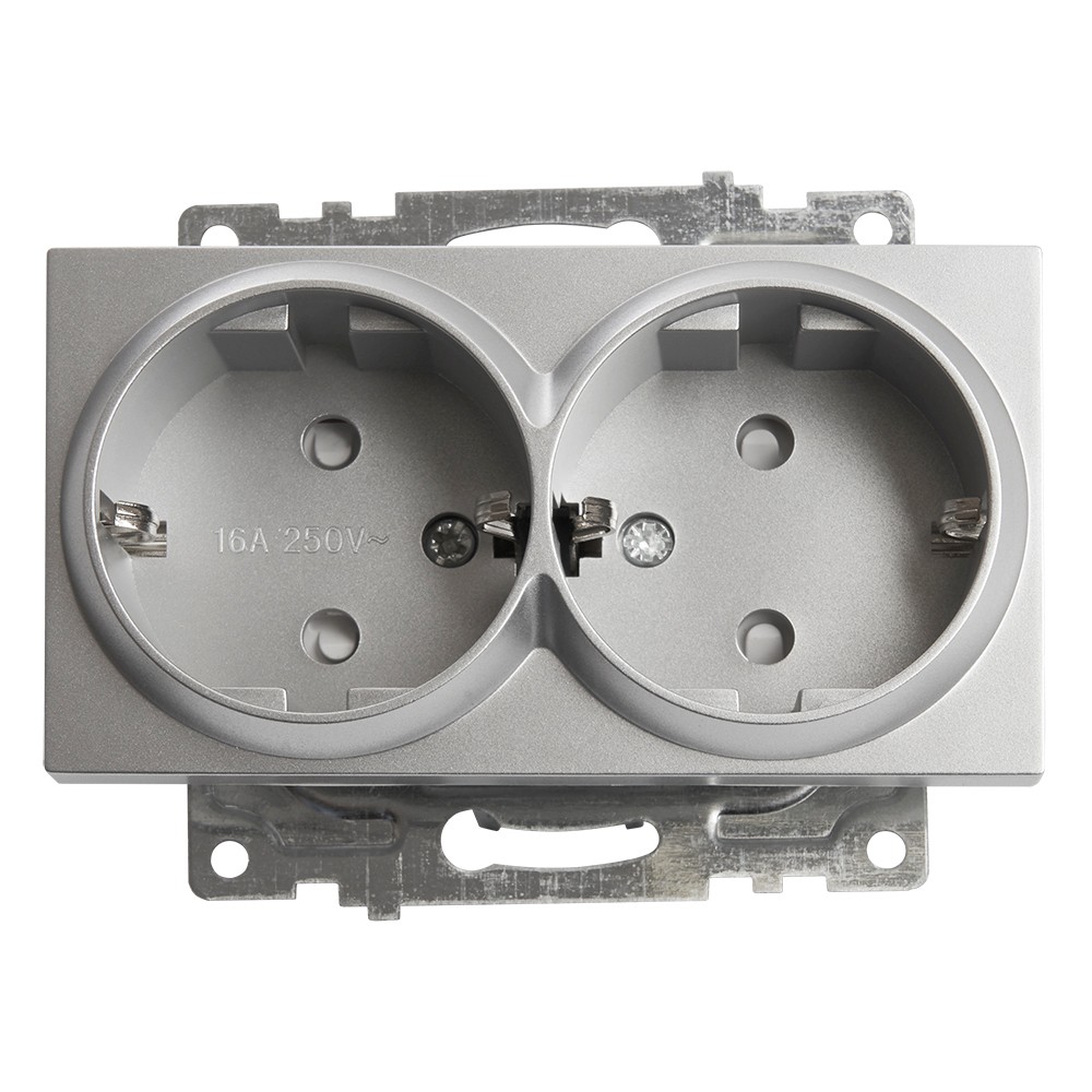 Катрин - Розетки и выключатели Stekker Розетка 2-местная с/з STEKKER GLS16-7114-03 250V 16А с защ. шторкой Катрин серебро 39584