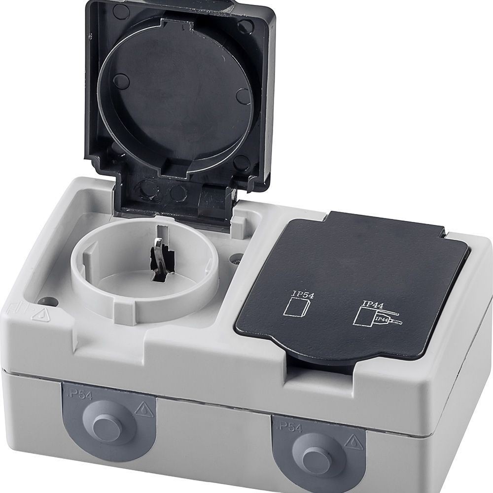 Накладные розетки и выключатели Stekker Розетка 2-местная с крышкой с/з STEKKER PST16-12-54 16А IP54 серый/графит Велена 32754