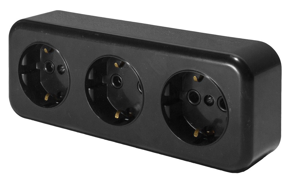 Накладные розетки и выключатели Stekker Розетка 3-местная с/з STEKKER PST16-51-20 16А IP20 черный Брест 39698