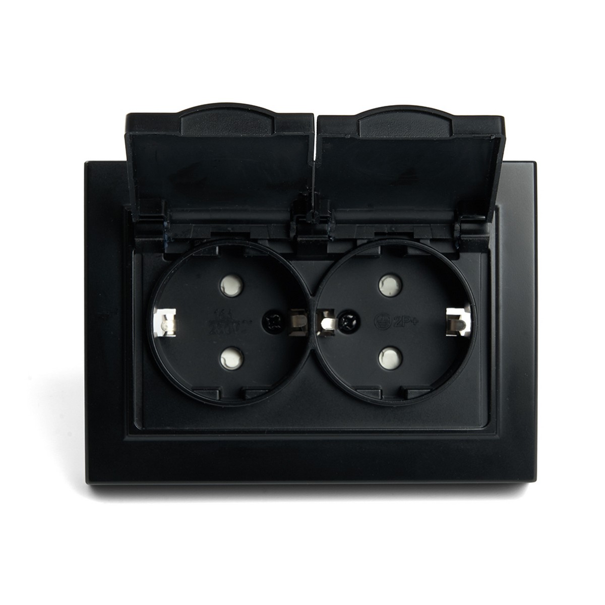 Эрна - Розетки и выключатели Stekker Розетка 2-местная с/з с крышкой STEKKER PST16-9015-03 16А Эрна черный с рамкой 49138