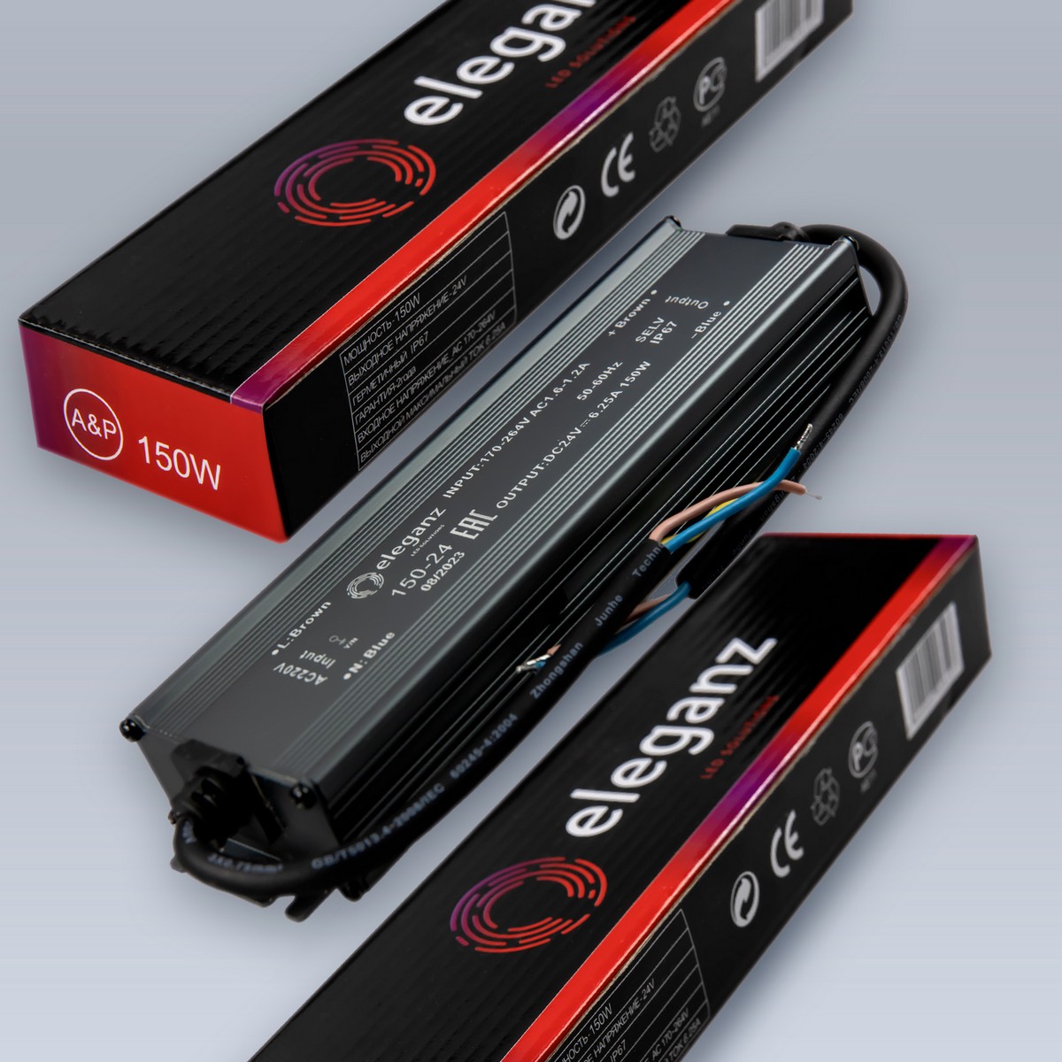 Блоки питания для светодиодной ленты Блок питания для светодиодной ленты Eleganz 24V 150W IP67 герметичный узкий 200х45х70мм EL-0600 