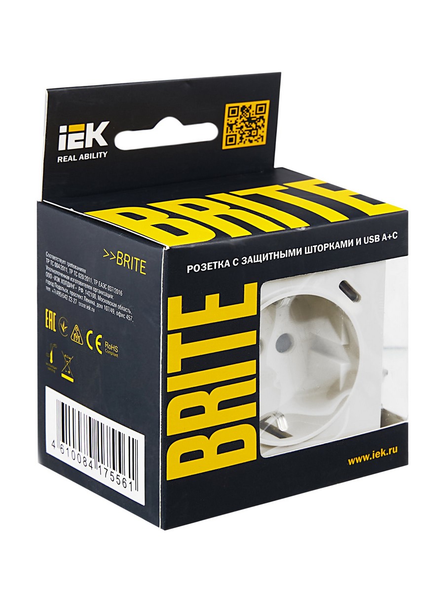IEK Brite Жемчуг Розетка IEK BRITE с с/з и шторками 16А с USB A+C 18Вт РЮш11-1-БрЖ жемчужный BR-R14-16-U22-018-K36