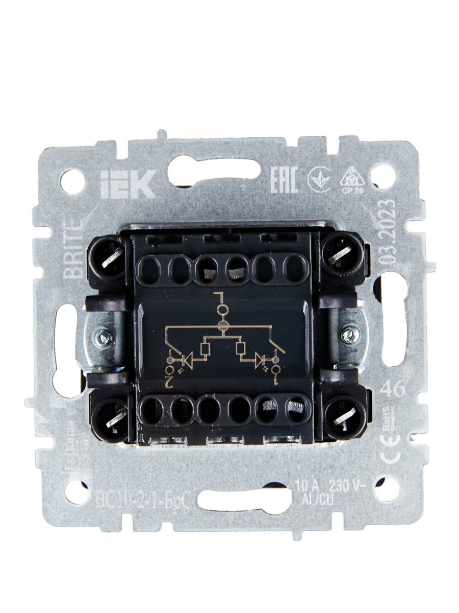 IEK Brite Сталь Выключатель IEK BRITE 2-клавишный с индикацией 10А ВС10-2-1-БрС сталь BR-V20-1-10-K46