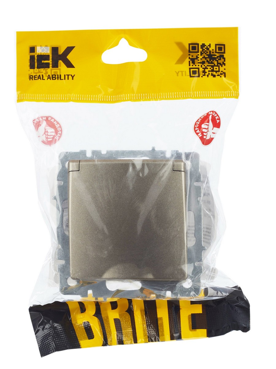 IEK Brite Шампань Розетка IEK BRITE с/з с шторками и крышкой 16А IP44 РСбш10-3-44-БрШ шампань BR-R16-16-44-K37