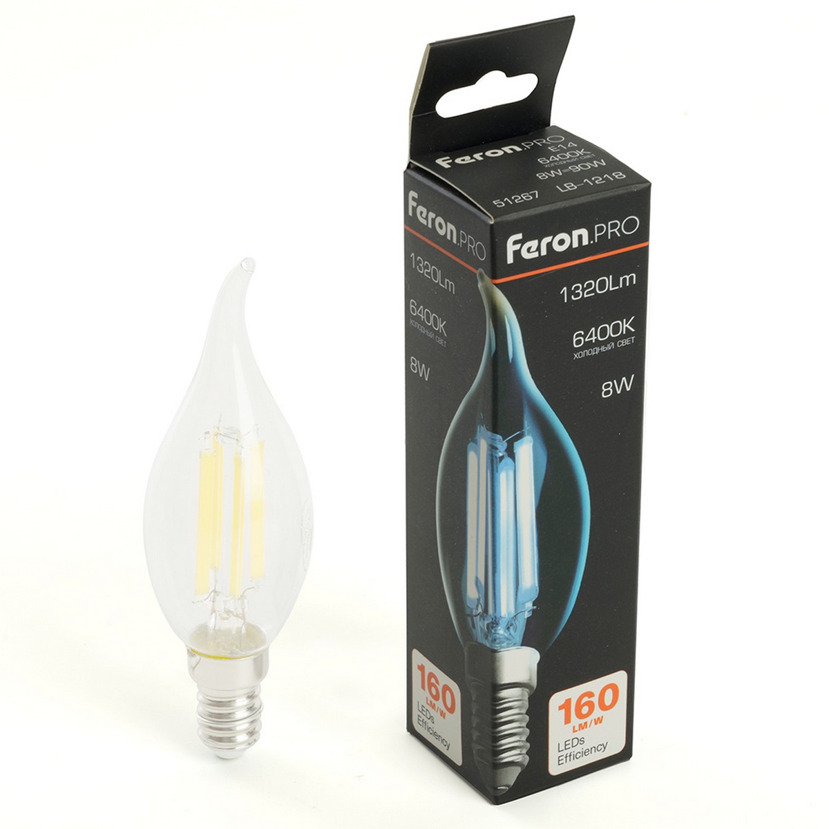 E14 Лампа светодиодная Feron.PRO LB-1218 Свеча на ветру E14 8W 175-265V 6400K 51267 