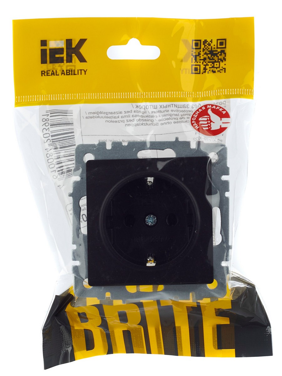 IEK Brite Черный Розетка IEK BRITE с/з с шторками 16А РС14-1-0-БрЧ черный BR-R14-16-K02