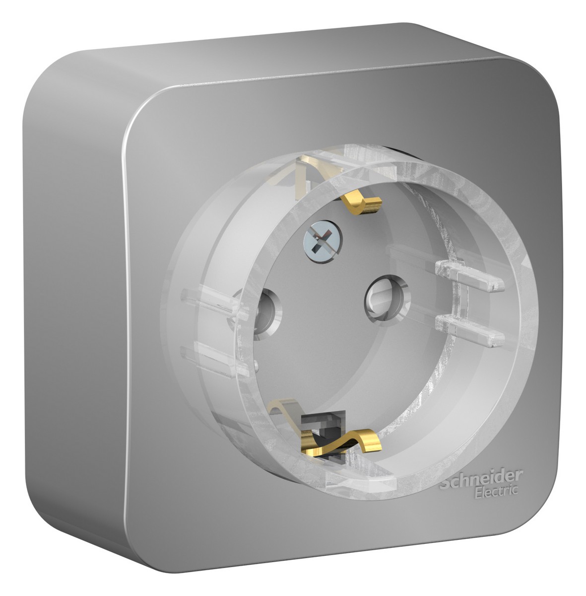 Blanca алюминий розетки и выключатели Розетка SE Blanca с/з Алюминий наружный со шторками (тонкая) изолир. пластина BLNRA111113