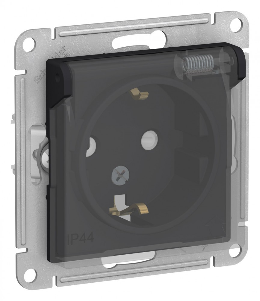 AtlasDesign Карбон Розетка Systeme Electric AtlasDesign Aqua Карбон с/з со шторками, с крышкой, 16А, IP44, механизм ATN441046