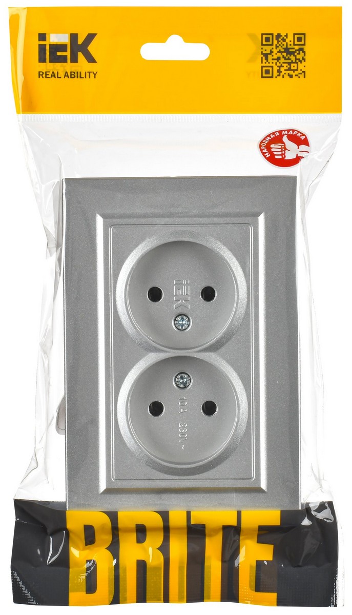 IEK Brite Алюминий Розетка IEK BRITE Алюминий 2-я без з/к/ш 10А в сборе РС12-2-БрА BR-R20-10-K47-F