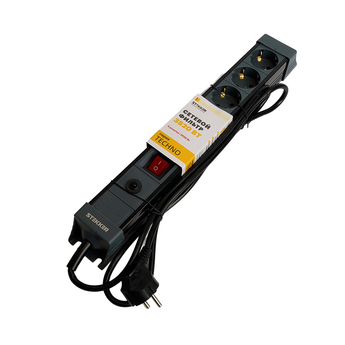 Колодки и удлинители, тройники Сетевой фильтр 4-местный с/з STEKKER HM22-41-05 5 м Techno черный 50158 