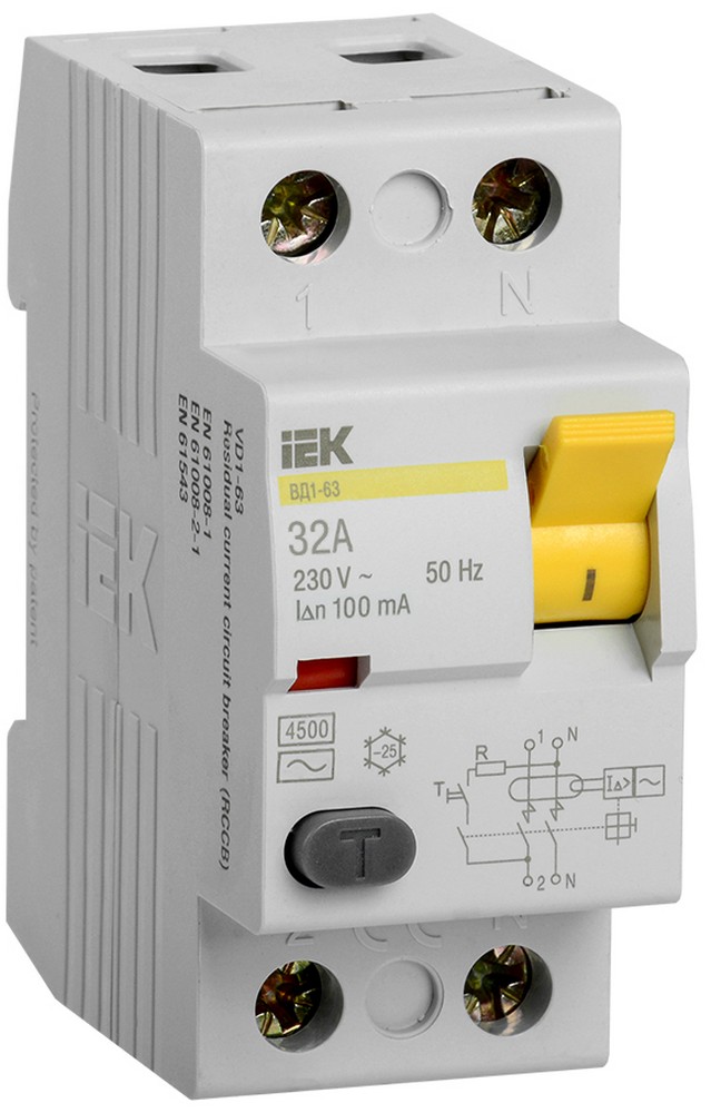 IEK Выключатель дифференциальный IEK KARAT ВД1-63 (УЗО) 2Р 32А 100мА MDV10-2-032-100 