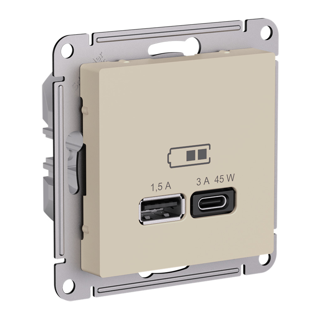 AtlasDesign Песочный Розетка Systeme Electric AtlasDesign Песочный USB A + тип-C 45Вт высокоскорзаряд QCPD ATN001229