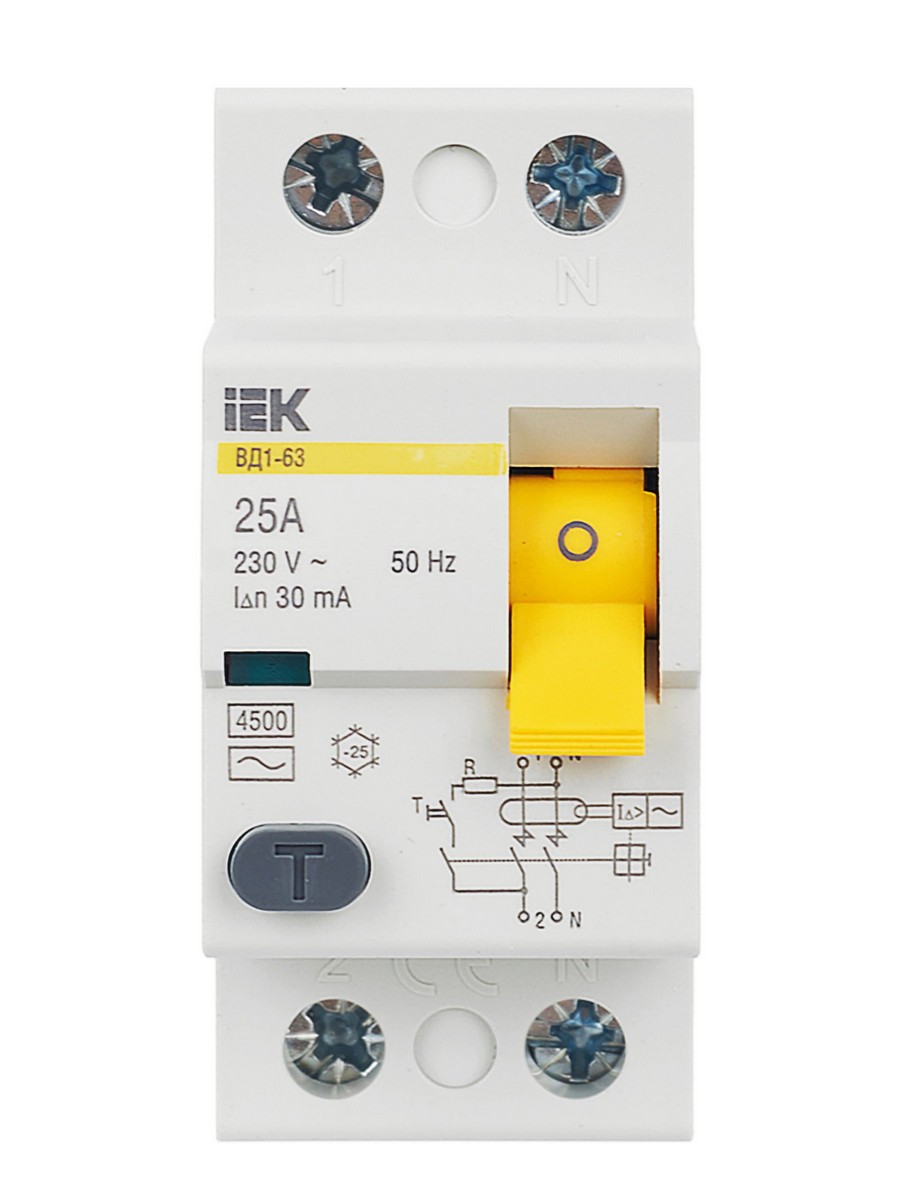IEK Выключатель дифференциальный IEK KARAT ВД1-63 (УЗО) 2Р 25А 30мА MDV10-2-025-030 